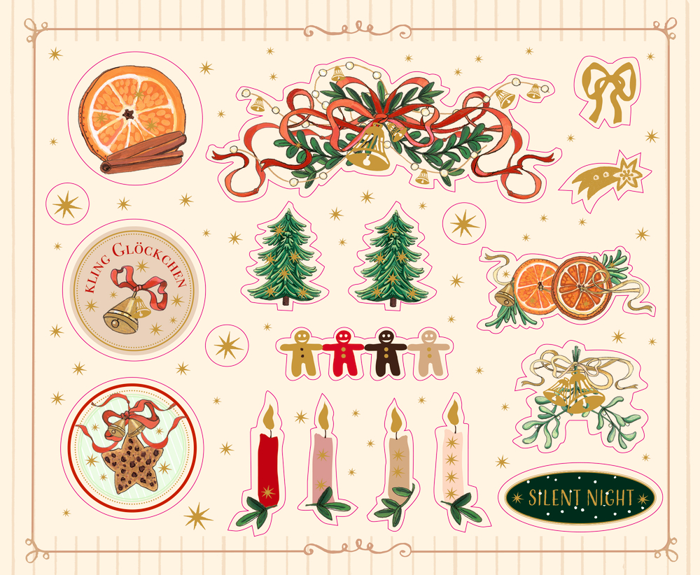Weihnachtliche Aufkleber mit Tannenbäumen, Orangen, Kerzen, Glocken, Schleifen und Lebkuchenstern.