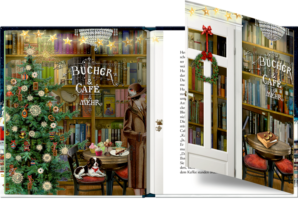 Buchseite von einem gemütlichem Café mit Bücherregalen, einem festlichen Weihnachtsbaum und einer Frau, die mit ihrem Hund an einem Tisch sitzt.