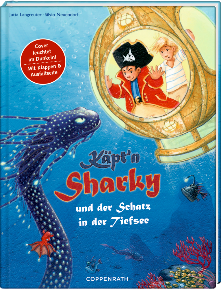 Käpt'n Sharky und der Schatz in der Tiefsee Kinder beobachten im U-Boot Meeresgetier; Buchtitel: Käptn Sharky und der Schatz in der Tiefsee.