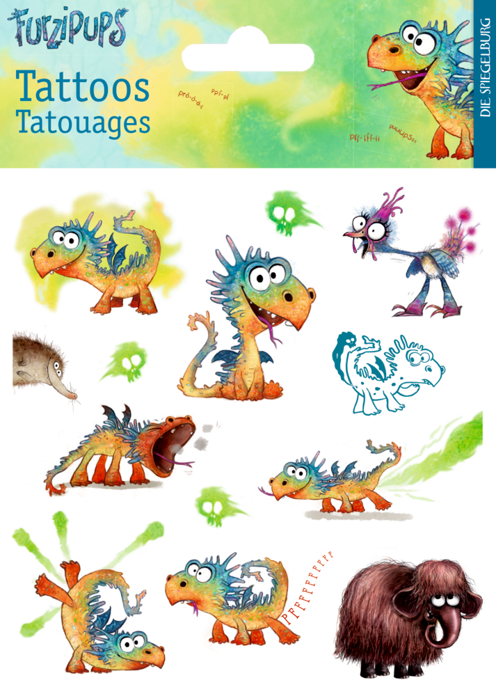 Tattoos Furzipups Cartoon-Dinosaurier- und Mammut-Tattoos in verspielten Posen mit lustigen Ausdrücken und grünen Rauchakzenten.