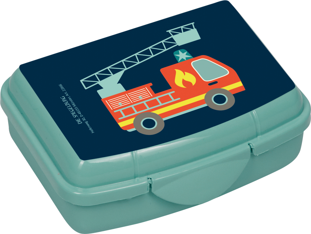 Mini-Snackbox Feuerwehr - Wenn ich mal groß bin Blaugrüne Snackbox mit einem Cartoon-Feuerwehrauto auf dem dunkelblauen Deckel.