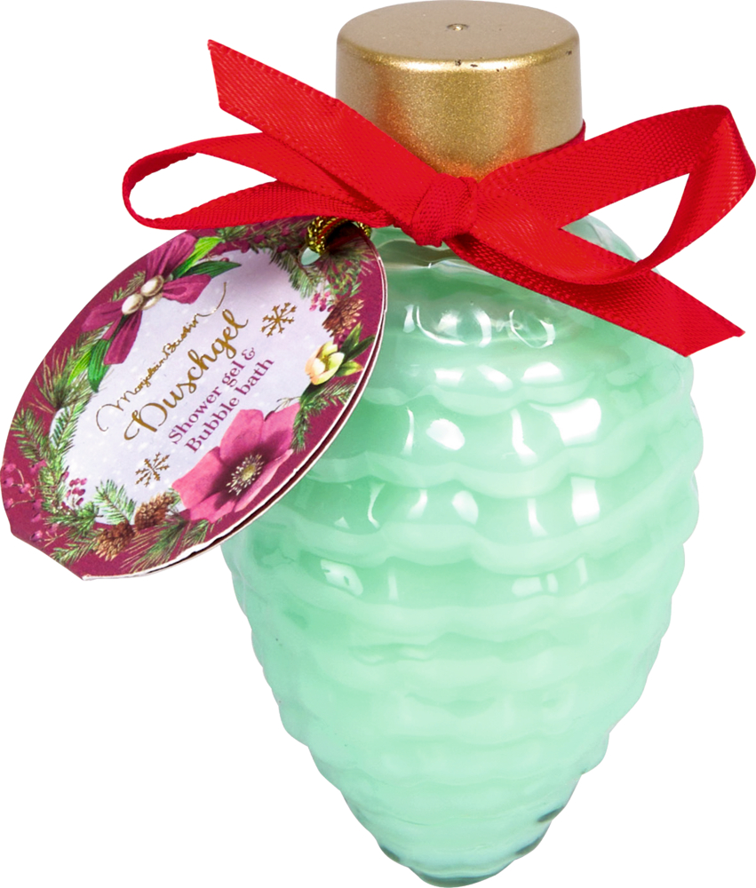 Zapfenförmige Flasche mit goldenem Verschluss, roter Schleife und rundem Geschenkanhänger, gefüllt mit türkisenem Duschgel.