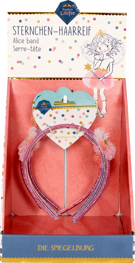 Rosa glitzernde Haarreifen in einer bunten Schachtel mit einer illustrierten Fee auf der Verpackung.