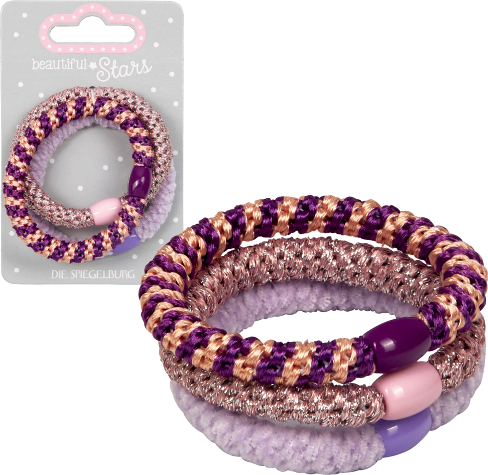 Set aus drei glitzernden lila und rosa Haargummis auf einer Displaykarte mit der Aufschrift „Beautiful Stars“.