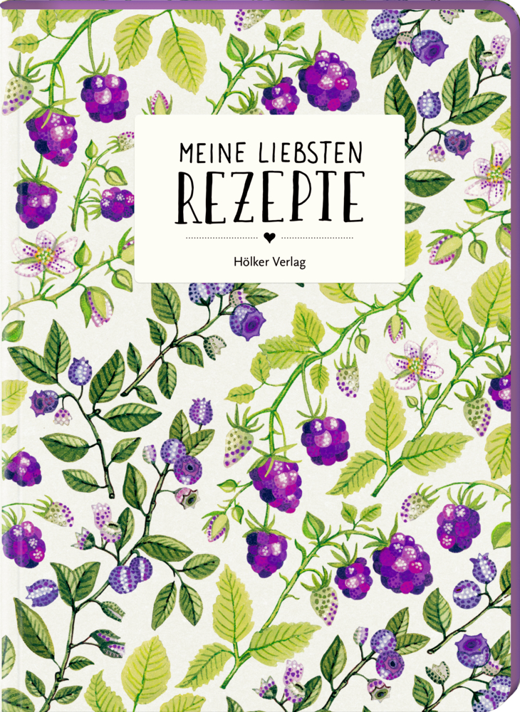 Meine liebsten Rezepte - Einschreibbuch (Beeren) Rezeptbuchumschlag mit lila Brombeeren, grünen Blättern und dem Titel „Meine liebsten Rezepte“ in schwarzer Schrift.