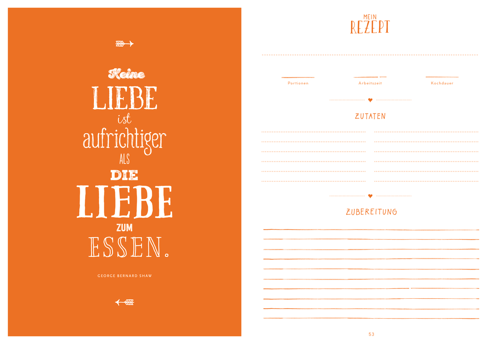 Orange Rezeptvorlage: Links ein deutsches Zitat, rechts Platz für Rezeptdetails.