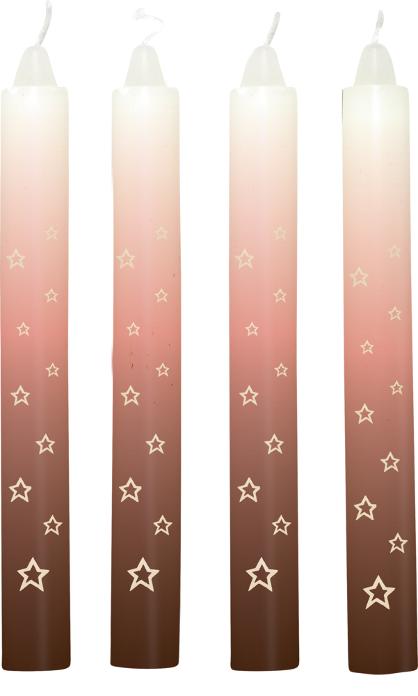 Set aus vier hohen Ombre-Kerzen, von weiß über rosa bis braun, jede mit kleinen weißen Sternmustern verziert.