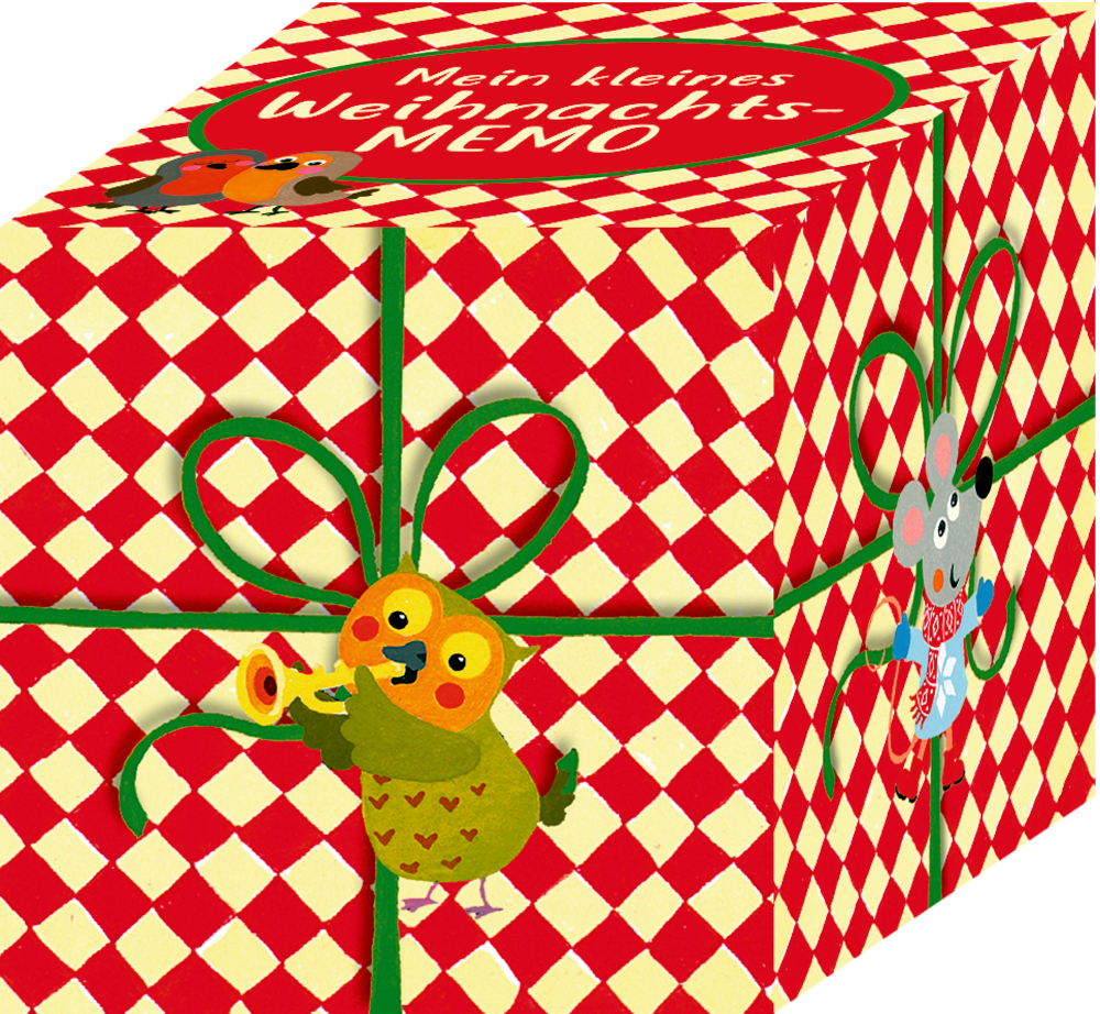 Rot-cremefarben karierte Schachtel mit Tierzeichnungen und  Text: „Mein kleines Weihnachts-MEMO“.