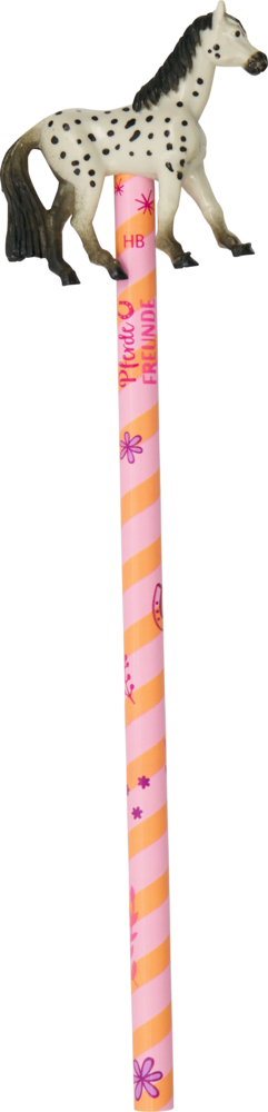 Ein rosa, gestreifter Bleistift mit einem schwarz-weißen Pferd als Aufsatz.