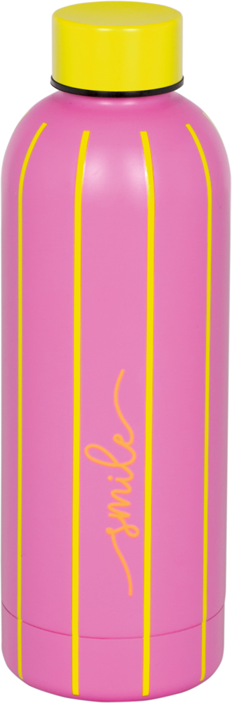 Eine pinke Trinkflasche mit gelben Streifen und dem Schriftzug smile in gelber Schreibschrift.
