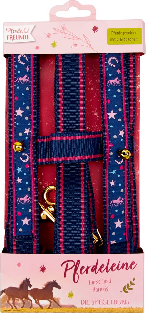 Blau-rosa Pferdeleine mit Stern- und Pferdemotiven, goldenem Clip, zwei Glöckchen, in dekorativer Verpackung.