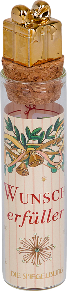 Glasröhrchen mit Korken und goldenem Geschenkaufsatz, Etikett mit Aufschrift „Wunscherfüller“ und weihnachtlicher Dekoration.