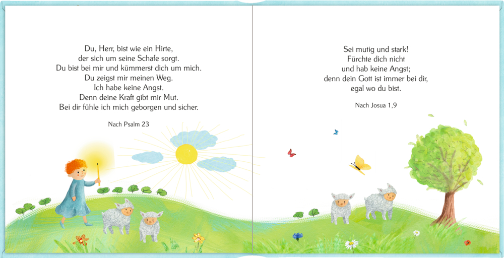 Psalmen auf einer Doppelseite, mit Abbildung von einem Kind mit Stab und drei Schafen die auf grünem Gras, umgeben von Blumen, Schmetterlingen, Vögeln und einem sonnigen Himmel stehen.