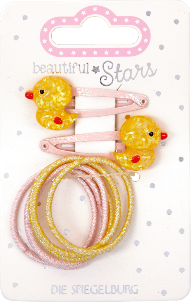 Zwei gelbe Haarspangen in Entenform und vier rosa/gelbe Haargummis auf einer Karte mit der Aufschrift „Beautiful Stars“.