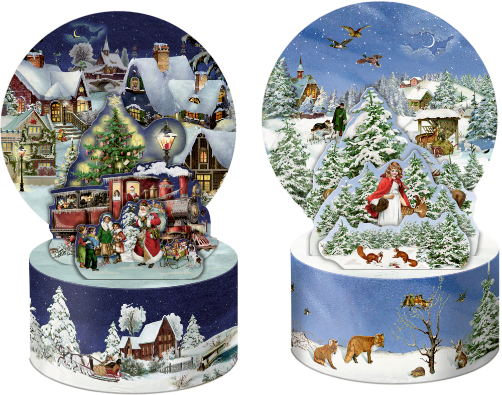 Zwei Aufstell-Mini-Adventskalender mit Winterlandschaften, links Weihnachtsdorf mit Zug und Santa, rechts Schneewald mit Rotkäppchen und Tieren.