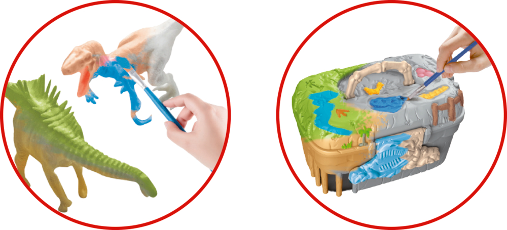In zwei Kreisen wird das Bemalen des Koffers und eines Dinosauriers gezeigt.