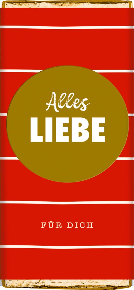 Rote Schokoladentafelverpackung mit goldenem Kreis; weiß-goldener Text: Alles LIEBE FÜR DICH.