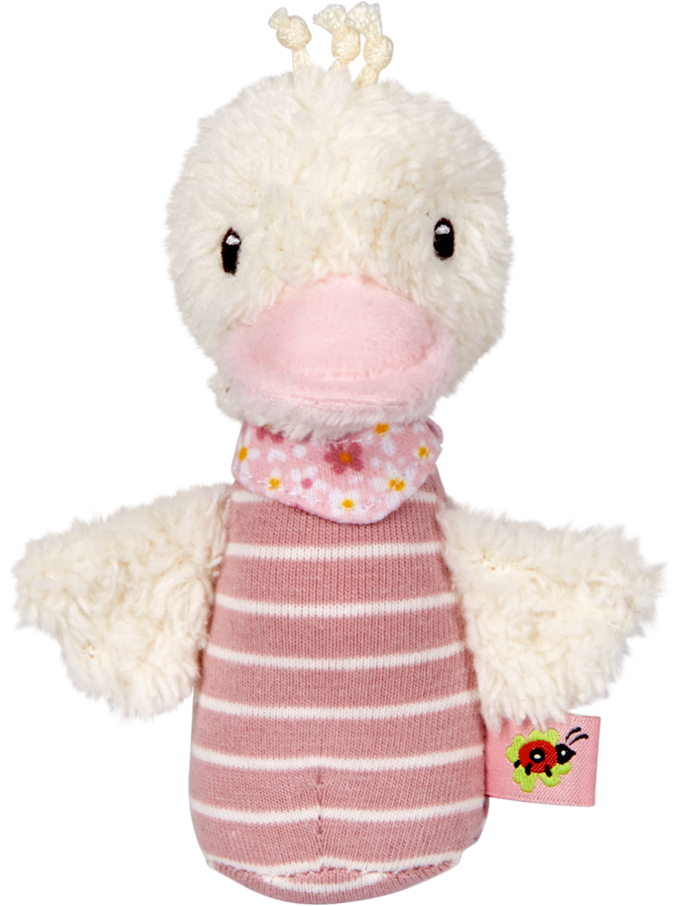 Minirassel Gans, rosa - BabyGlück Plüsch-Entenspielzeug mit rosa gestreiftem Körper, geblümtem Halstuch und einem kleinen Marienkäfer-Anhänger an der Seite.
