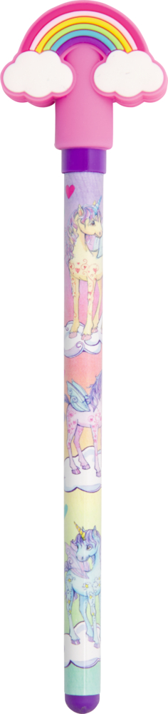 Stift mit bunten Einhornmotiven, pinker Kappe und Aufsatz in Form eines Regenbogens mit weißen Wolken.