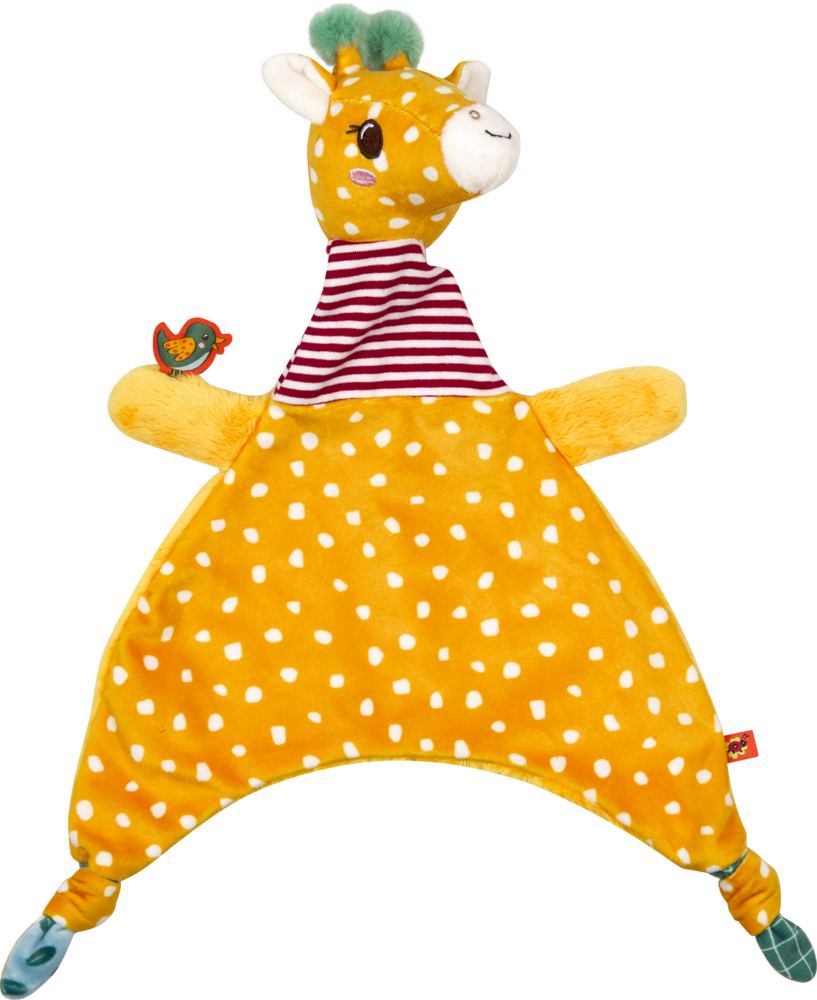 Stofftuch mit Giraffenkopf mit gelbem gepunktetem Körper, gestreiftem Hals und kleinem Vogel als Applikation.