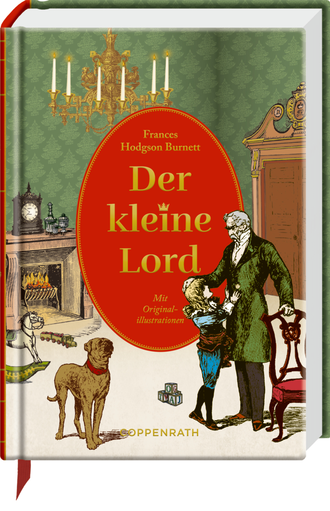 Buchcover von "Der kleine Lord" ein älterer Mann begrüßt einen kleinen Jungen in einem Zimmer im viktorianischen Stil.