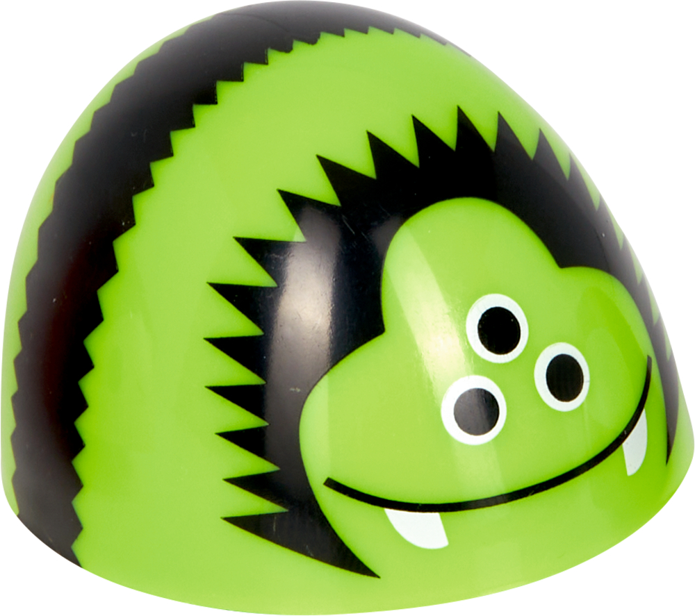 Grüne Spielzeugspinne mit lächelndem, dreiäugigem Monstergesicht und schwarzem Zickzackmuster.