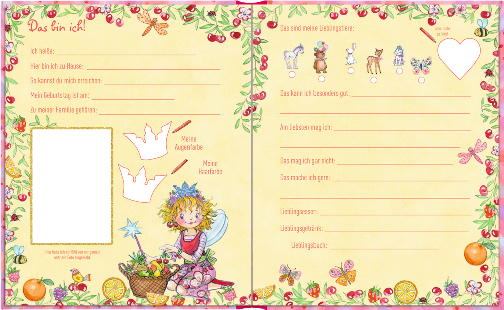 Profilseite mit Fee, Blumen, Obst. Felder für Lieblingsfarbe, Lieblingstier und persönliche Angaben zum Ausfüllen.