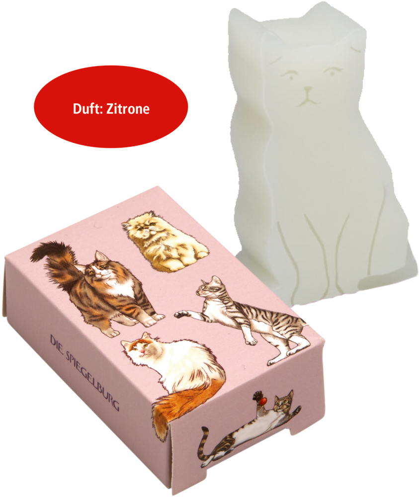 Weiße Seife in Katzenform in einer rosafarbenen Schachtel mit Katzen-Illustrationen; Aufschrift: Duft: Zitrone.