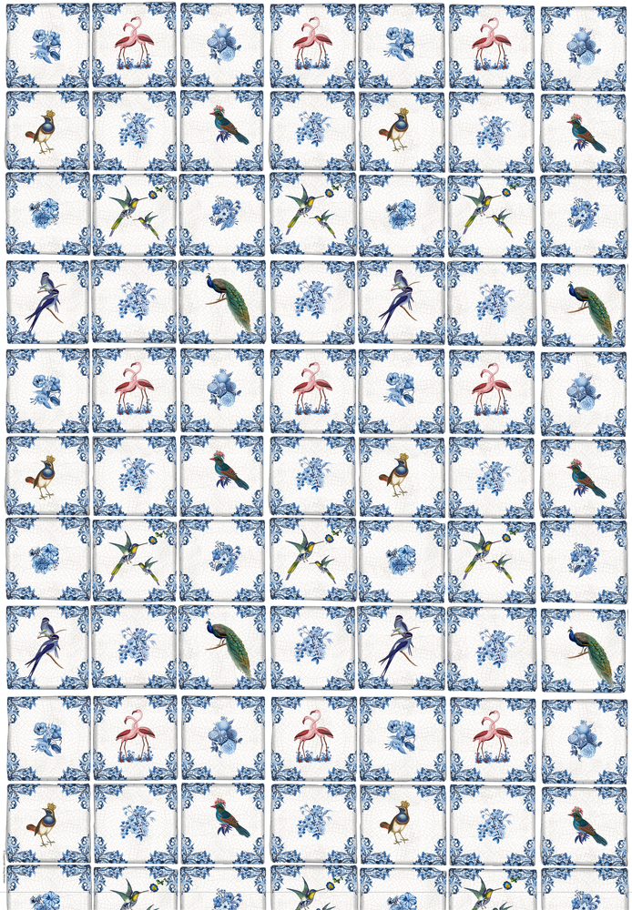 Blau und weiß gemusterte Fliesen, jedes Quadrat mit Vögeln, Blumen und dekorativen Motiven.