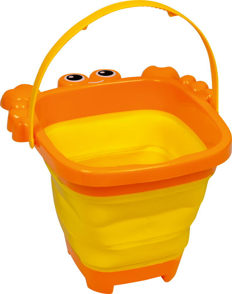 Gelbe-orange-farbener Falt-Eimer mit Krabbendesign und Wackelaugen am Rand.