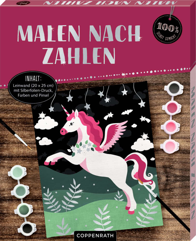 Malen nach Zahlen auf Leinwand: Einhorn (100% selbst gemacht) Box mit einem farbenfrohen Malen-nach-Zahlen-Set mit Einhörnern und kleinen Farbtöpfen.