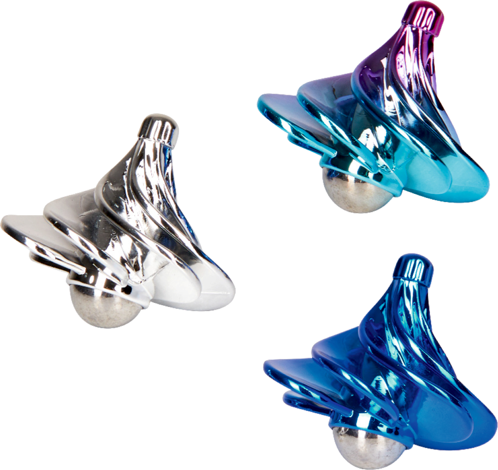 Endlos-Pustekreisel - Wild+Cool Drei metallische Kreisel – Silber, Blau und Lila – jeder mit einem unverwechselbaren gedrehten Design.