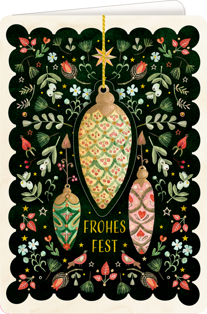 Weihnachtskarte mit Anhänger: Kugel (Festliche Weihnachten) Festliche Grußkarte mit drei Ornamenten, floralen Mustern und dem Text „Frohes Fest“.