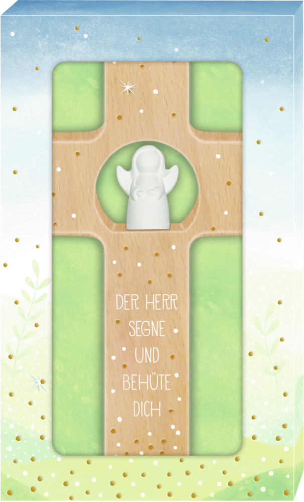 Holzkreuz mit kleiner weißen Engelsfigur und dem Text: „Der Herr segne und behüte dich“ in grüner Geschenkverpackung.