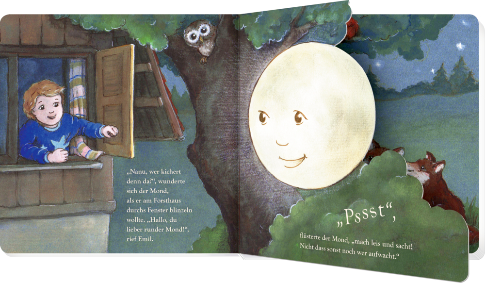 Buchinnenseite mit einem Jungen, der von einem Fenster aus mit dem Mond spricht. Mond und Baum auf der rechten SEite sind halb ausgeschnitten.