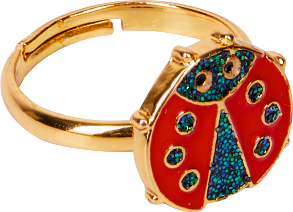 Goldring mit einem glitzernden Marienkäfer-Design in Rot und Blau auf der Oberseite.