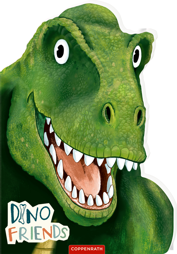 Dino Friends: Mein riesengroßes T-Rex-Buch Lächelnder grüner T. Rex mit großen Augen und scharfen Zähnen, aufgedruckt „Dino Friends“.