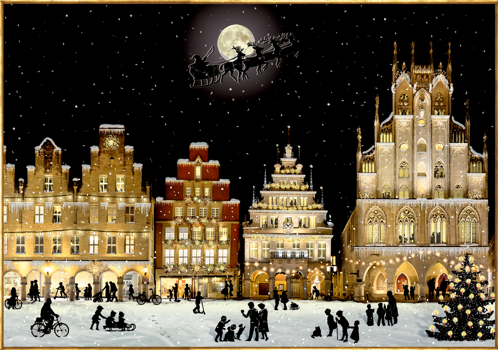 Beleuchtete historische Gebäude mit Menschen im Schnee und einer Silhouette von Schlitten und Rentieren vor dem Mond.