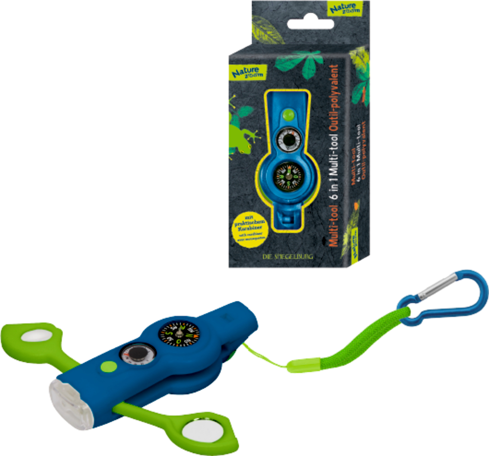 Blaugrünes Outdoor-Tool mit Kompass, Karabiner und Verpackung im Hintergrund sichtbar.