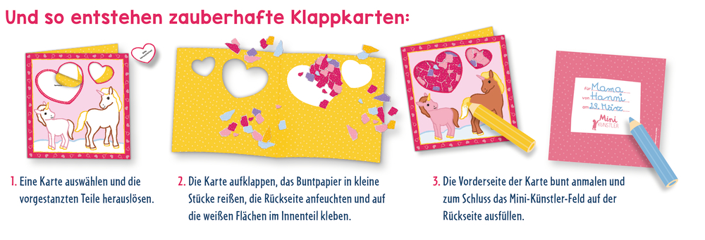 Basteln Einhorn-Karten: Ausschneiden, bemalen, aufkleben. Folge den Bildern Schritt für Schritt!.
