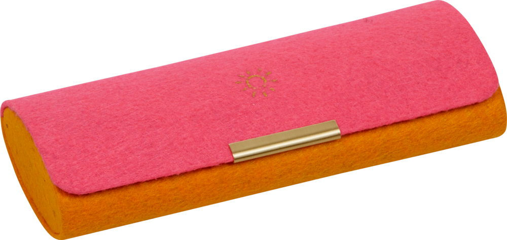 Brillenetui mit filzartigem Bezug, leuchtend rosafarbenem Deckel, goldenem Verschluss und orangefarbenem Korpus.