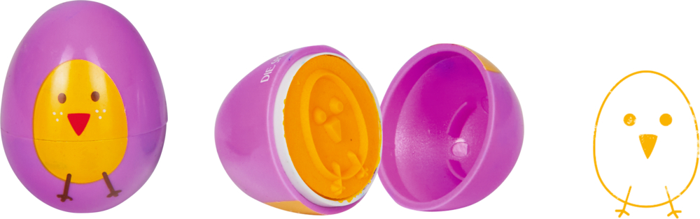 Lila, eiförmiger Behälter mit Küken-Gesicht; einer ist geöffnet, daneben ein Küken-Stempelabdruck.