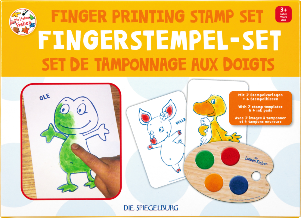 Fingerstempel-Set - Die Lieben Sieben Pappbox eines Stempelsets mit Foto eines Fingers, der einen Frosch grün anmalt sowie weiteren Malvorlagen.