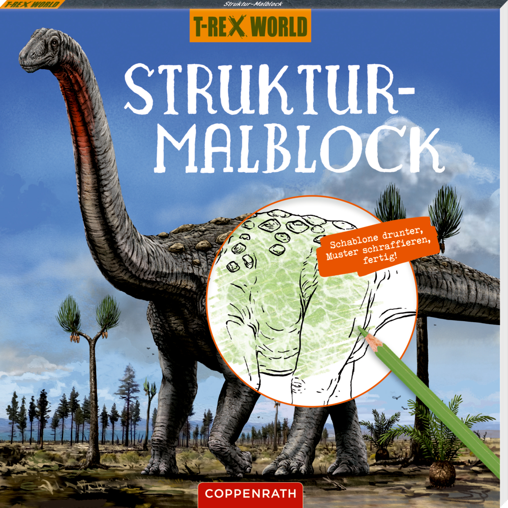 Struktur-Malblock (mit Schraffur-Schablone) T-Rex World Großer Dinosaurier mit Bäumen, grüne Bleistiftskizze und dem Text "Struktur-Malblock" auf einem Cover in drei dimensinoaler Ansicht.