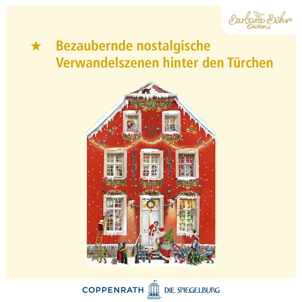 Rotes Haus mit Schnee und Weihnachtsdekoration, Menschen und Kinder tragen Geschenke und einen Tannenbaum.