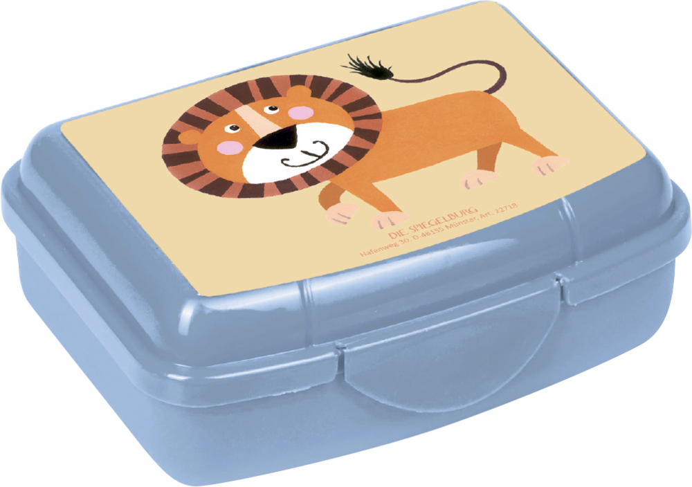 Kleine hellblaue Lunchbox mit einem Cartoon-Löwen auf dem Deckel.