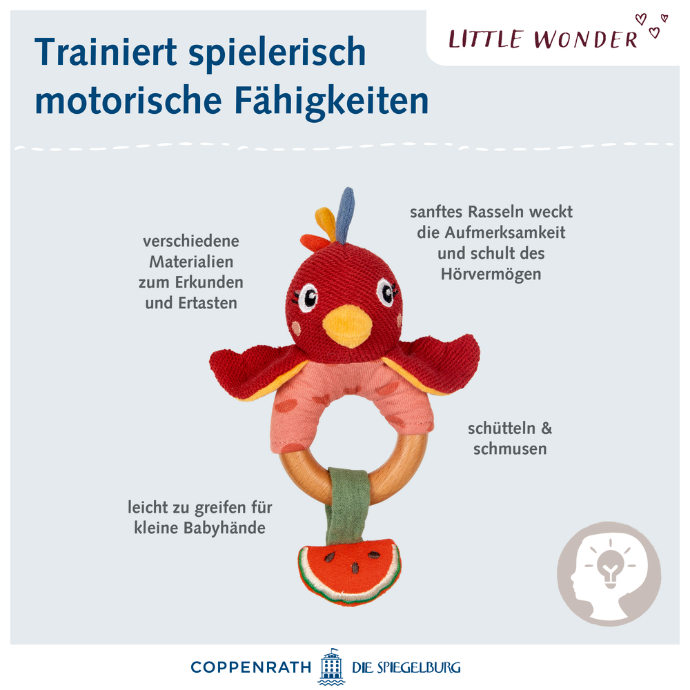 Bunte Papageienrassel fördert Babys Motorik spielerisch und sorgt mit Farben für visuelle Anregung.