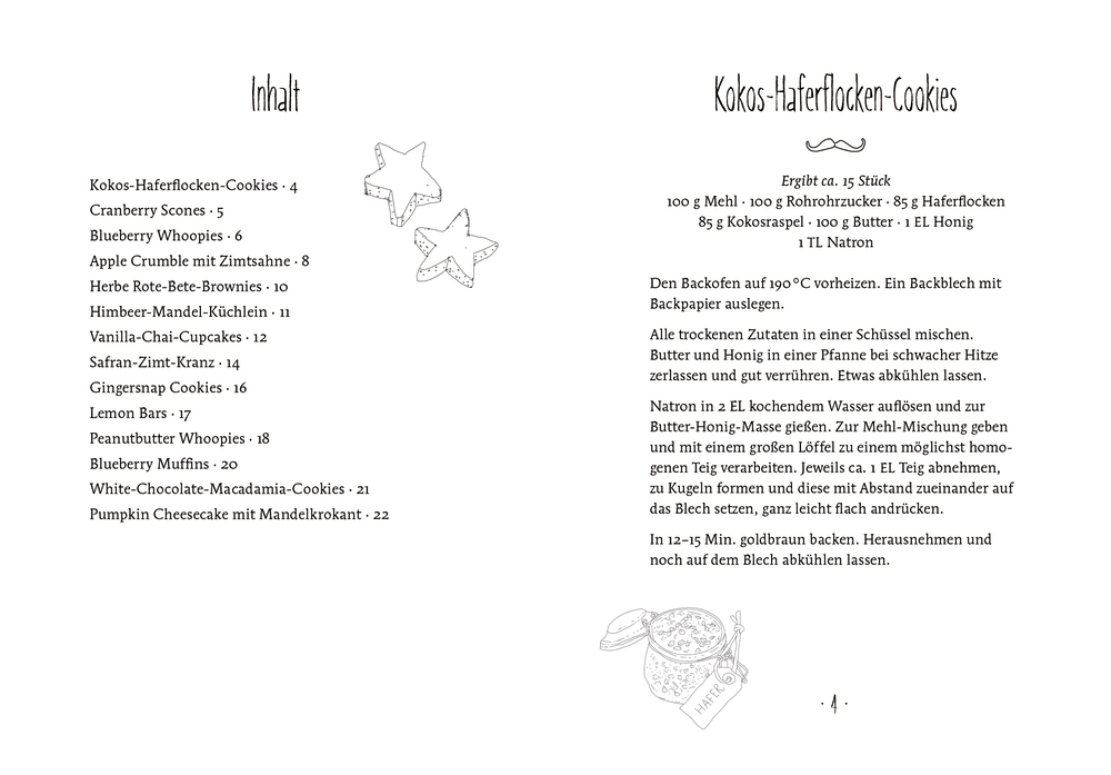 Rezeptbuchseiten: Inhaltsverzeichnis plus ein Kokos-Haferkeks-Rezept mit Zutaten und Anleitung.