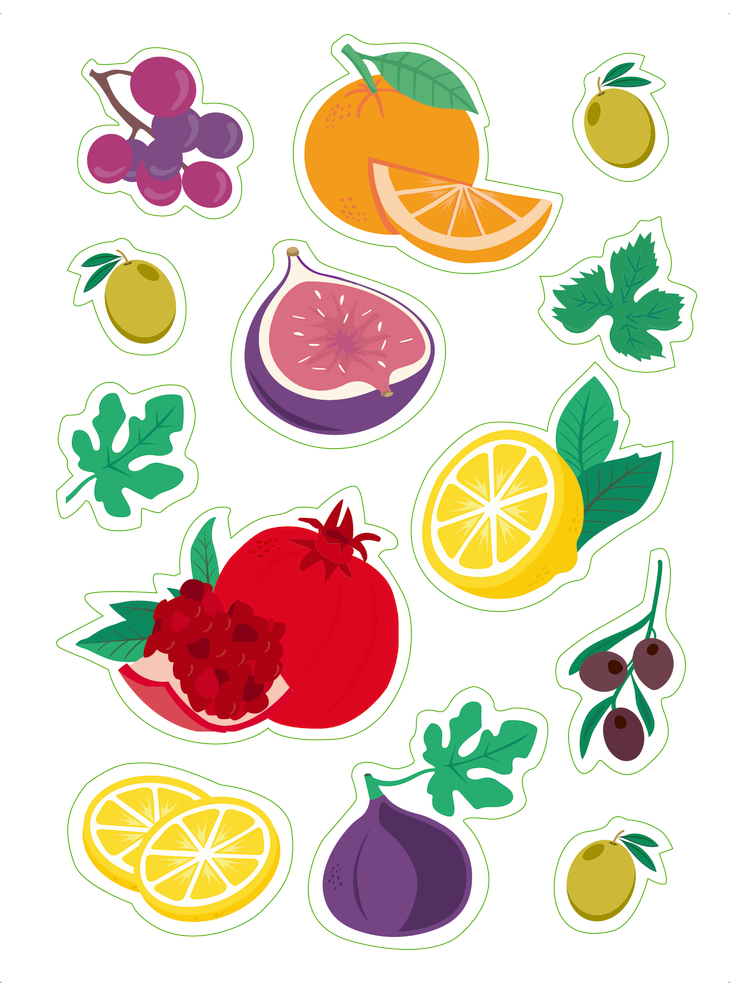 Farbenfrohe Frucht-Sticker mit Abbildungen von Feigen, Zitronen, Oliven, Trauben, Orangen und Granatäpfeln.