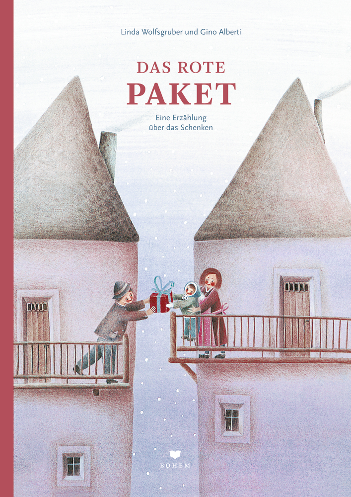 Das rote Paket - Eine Erzählung über das Schenken Zwei Menschen tauschen zwischen Balkonen in einer verschneiten, pastellfarbenen Stadtszene ein rotes Geschenk aus.